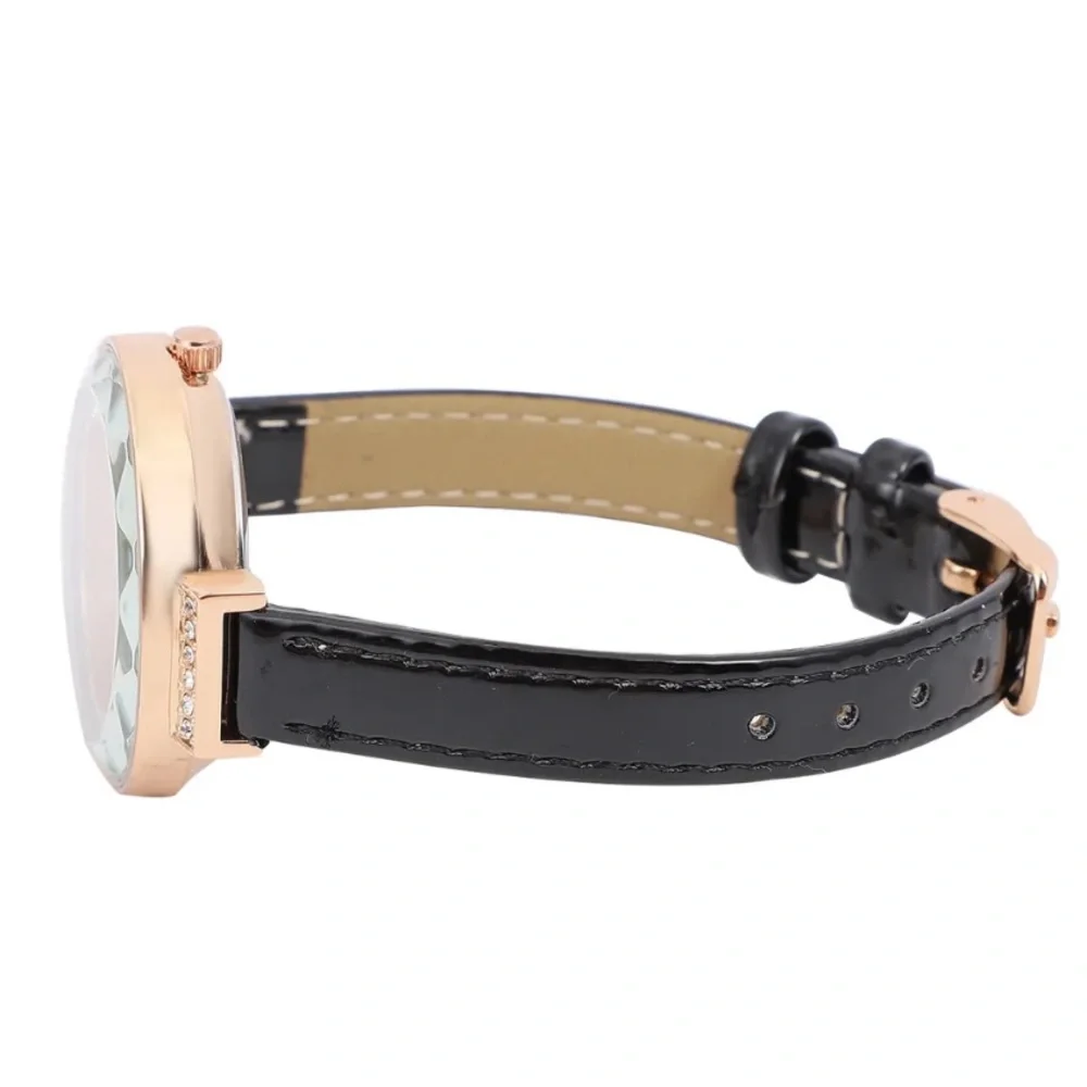 Austrian Crystal, Enameled Japanese Movement Watch. Black Faux Leather Band